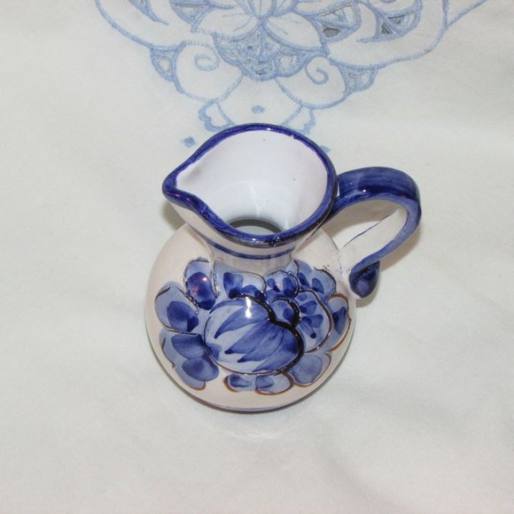 Blue & White Hand Painted Pottery Pitcher Small 4" Floral Decorative Folkart - Picture 6 of 8